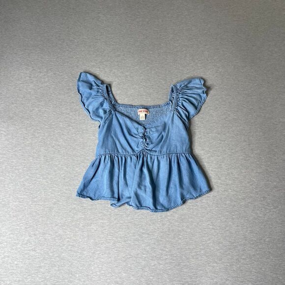 One Star Women's Denim Lyocell Cropped Ruched Smocked Babydoll Top - Picture 8 of 8